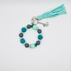 Teal and Gray Beaded Keychain with Tassel